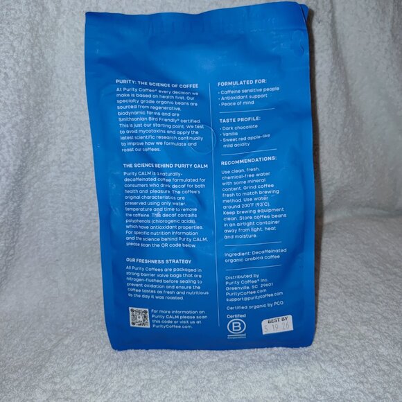 Purity Coffee CALM Decaf Whole Bean Coffee 12oz USDA Organic- Exp 5/19/26 - Picture 2 of 3